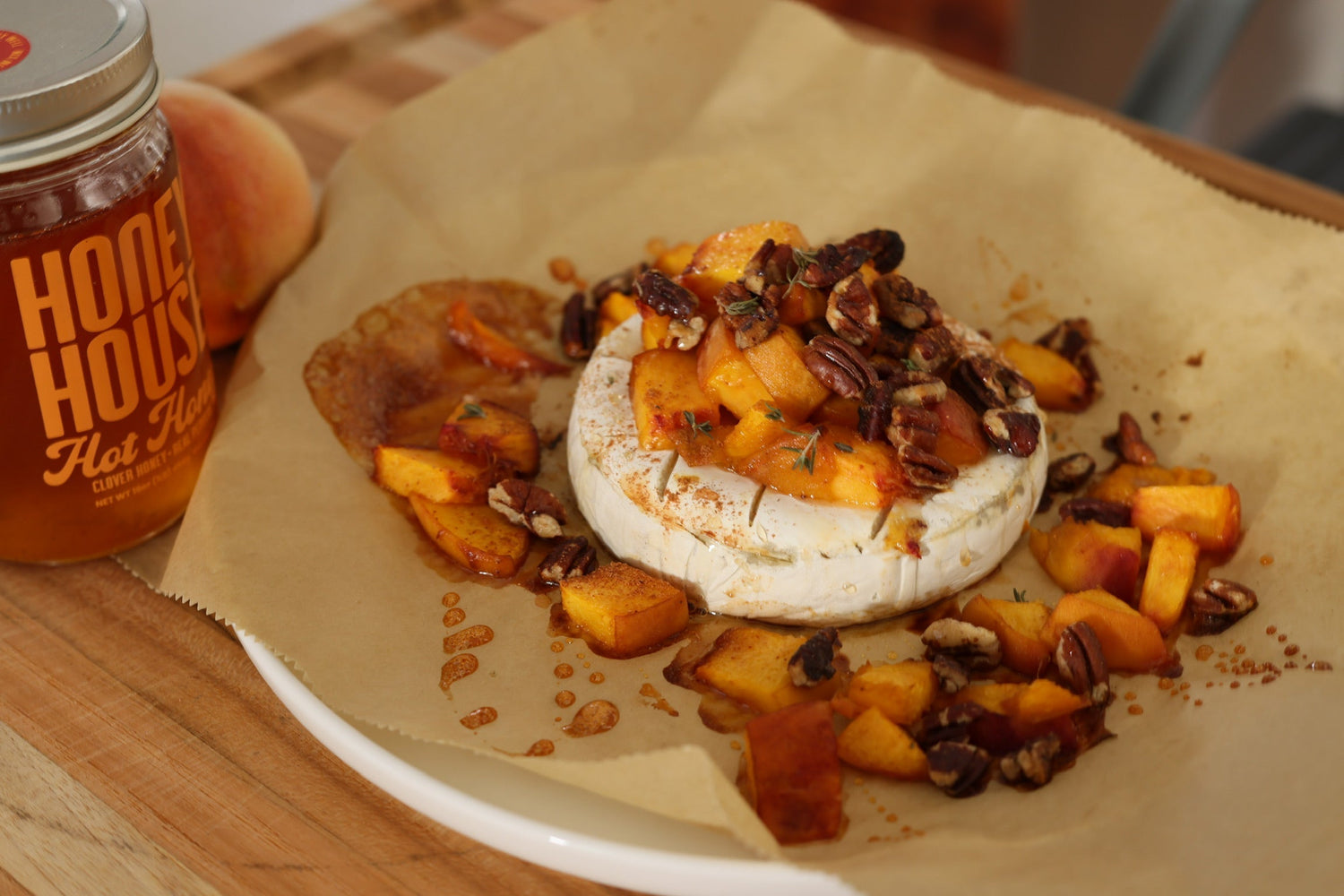 Hot Honey Peach & Pecan Baked Brie