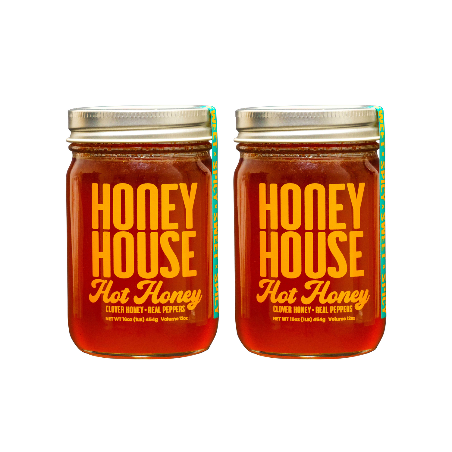 Two jars of Honey House Honey Hot Honey, crafted with raw honey and real peppers, have metallic lids and bold yellow-orange text on clear glass jars, showcasing the perfect blend of natural heat.
