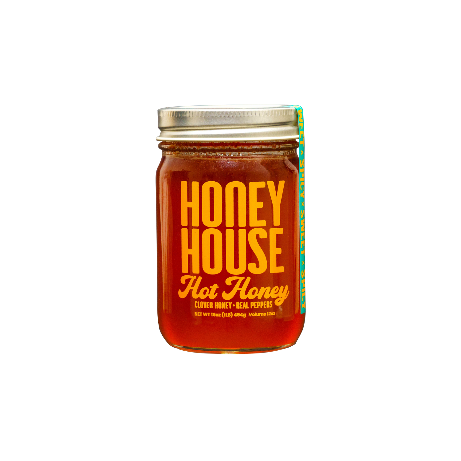 A glass jar of Honey House Honey’s Hot Honey, featuring red-orange honey and a silver lid, sits against a black background. The label notes clover honey, real peppers for heat, and a net weight of 454g.