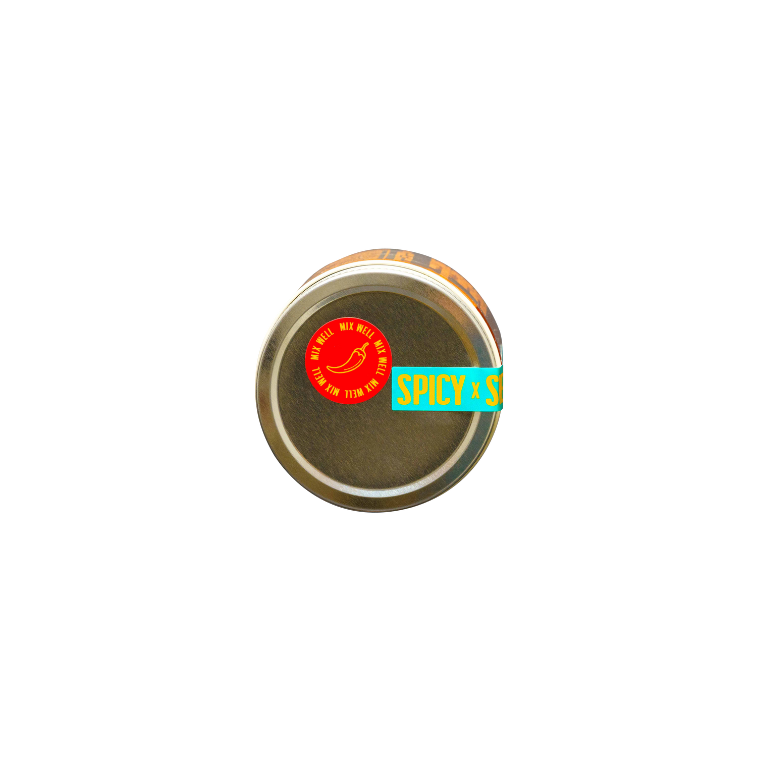 A round metal tin viewed from above with a red sticker featuring a chili pepper and the words SPICY x SPICY, hinting at natural heat, on a blue and yellow label partially visible around the edge. Product: Hot Honey by Honey House Honey.