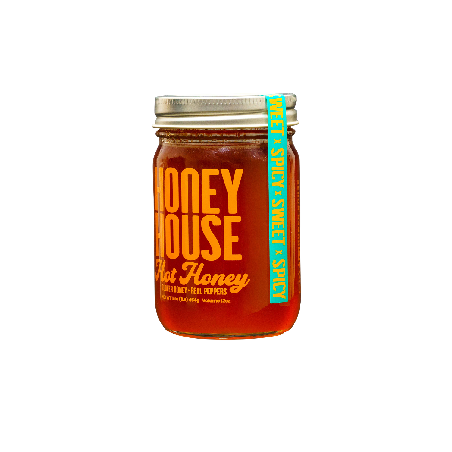 A glass jar of Honey House Honey Hot Honey features an orange label, metal lid, blue tamper seal reading SWEET x SPICY, and contains amber raw honey that adds natural heat to every drizzle.