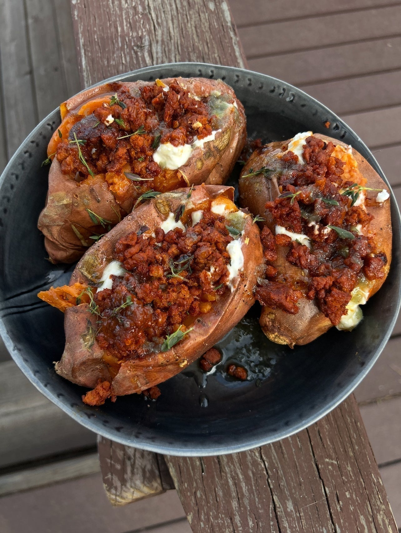 Hot Honey Roasted Sweet Potatoes With Goat Cheese and Chorizo