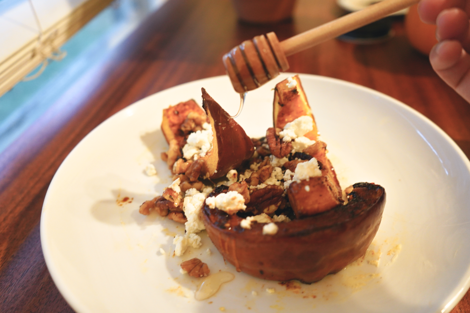 Hot Honey Roasted Pumpkin with Pecans and Goat Cheese