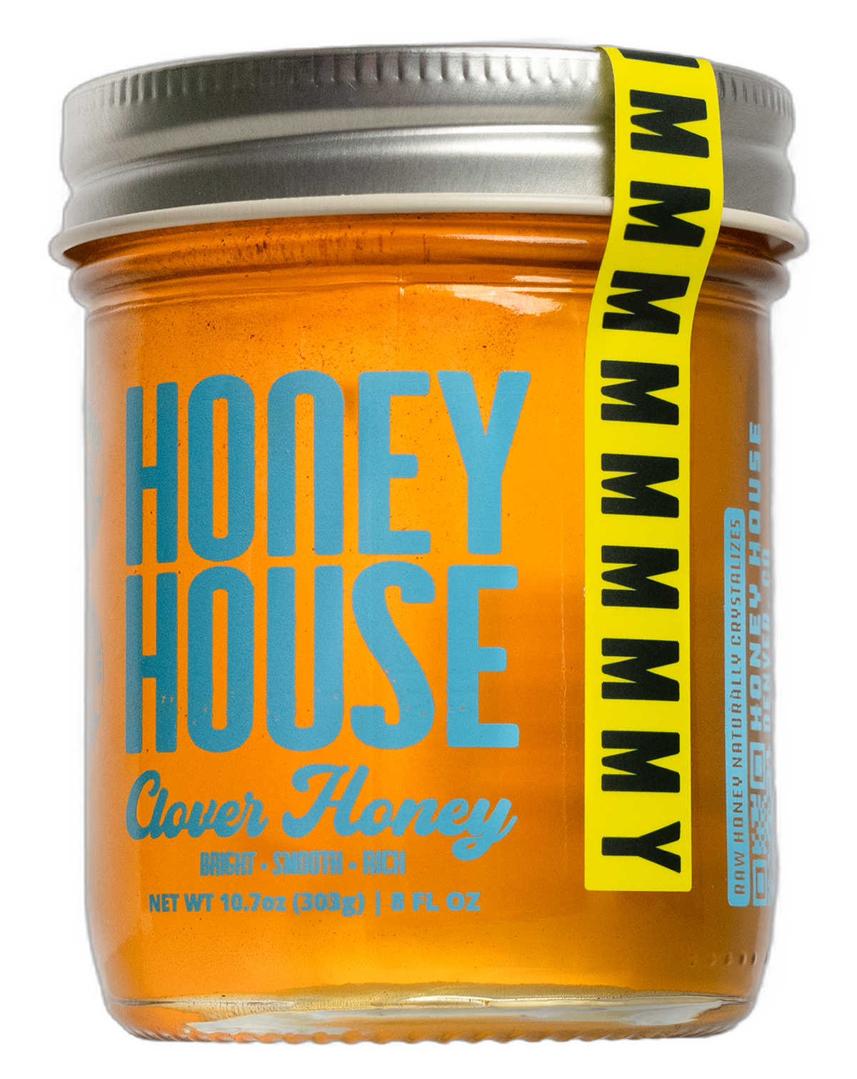 An 8oz jar of Honey House raw Clover honey, smooth and liquid
